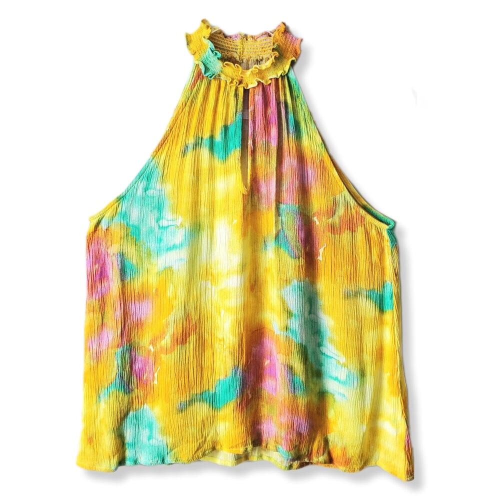 Women Vestique Tie Dye Ruffle Neck Halter Top S Boho Gauzy Festival Colorful NEW